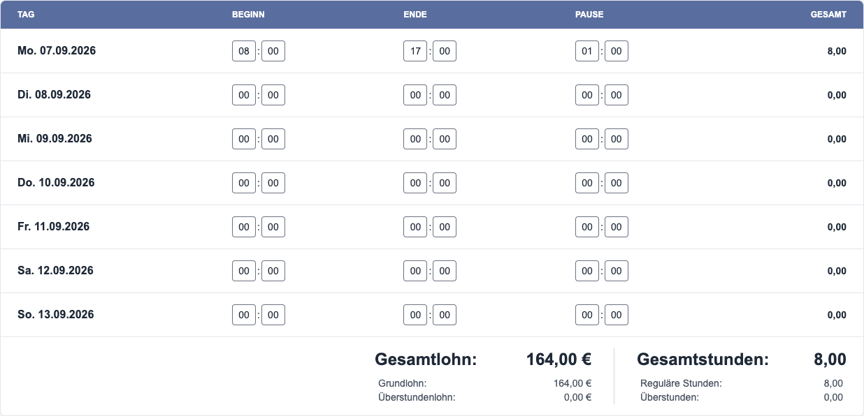 Arbeitswoche mit Zeitfeldern und Summen