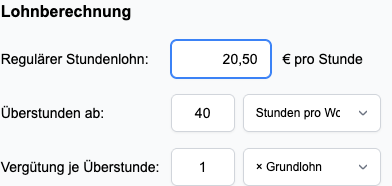 Lohneinstellungen mit Eurobeträgen und Überstundenfaktor